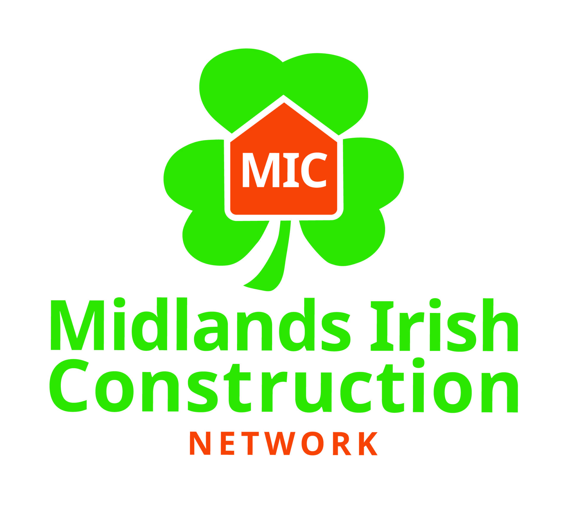 Midlands Irish Construction Network logo featuring a green shamrock with an orange house symbol and the letters MIC, representing construction and Irish heritage.